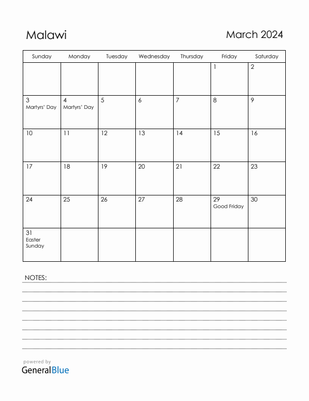 March 2024 Monthly Calendar with Malawi Holidays