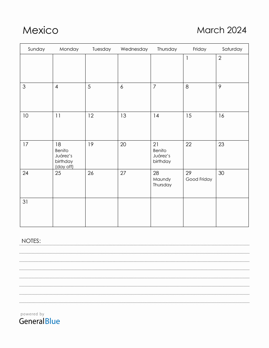 March 2024 Mexico Calendar with Holidays