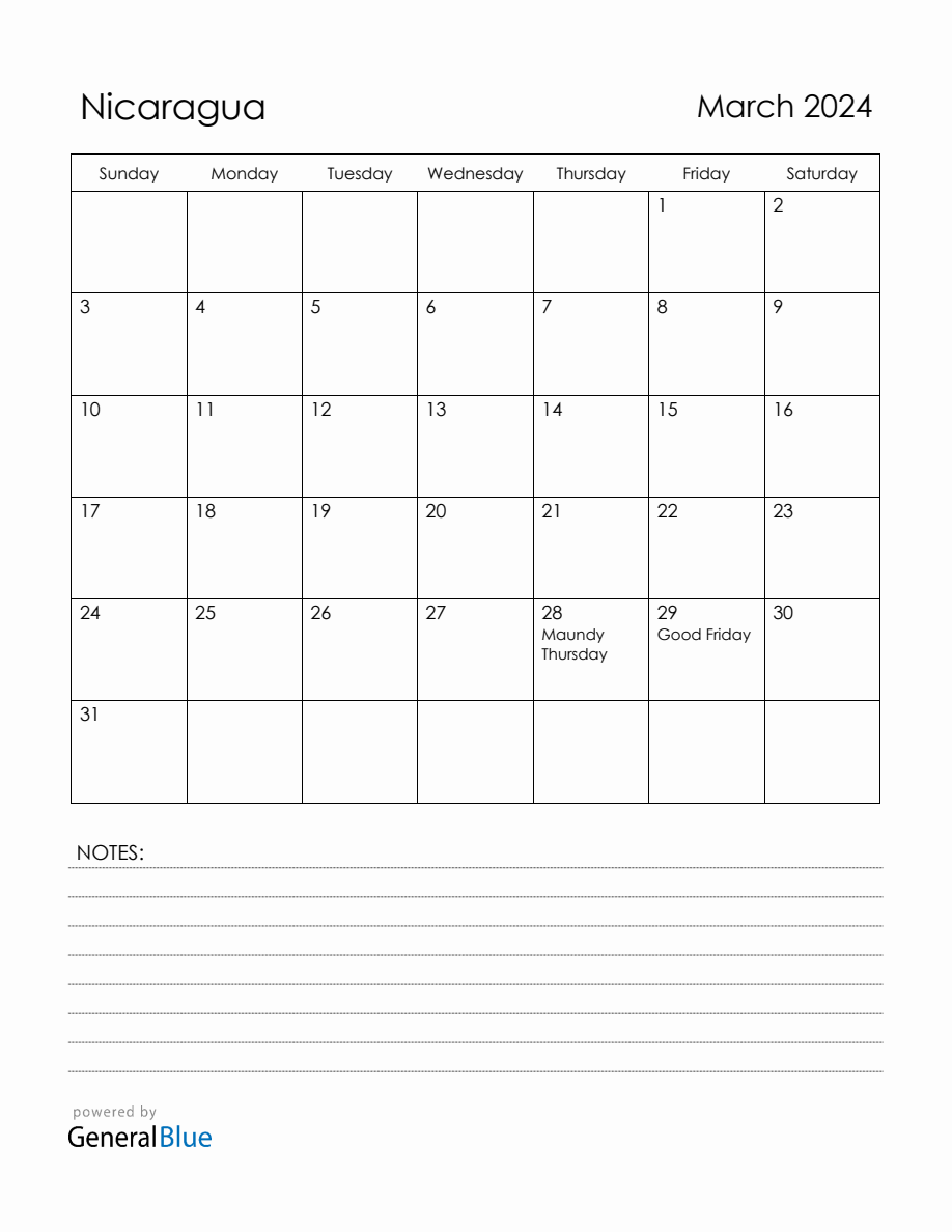 March 2024 Nicaragua Calendar with Holidays