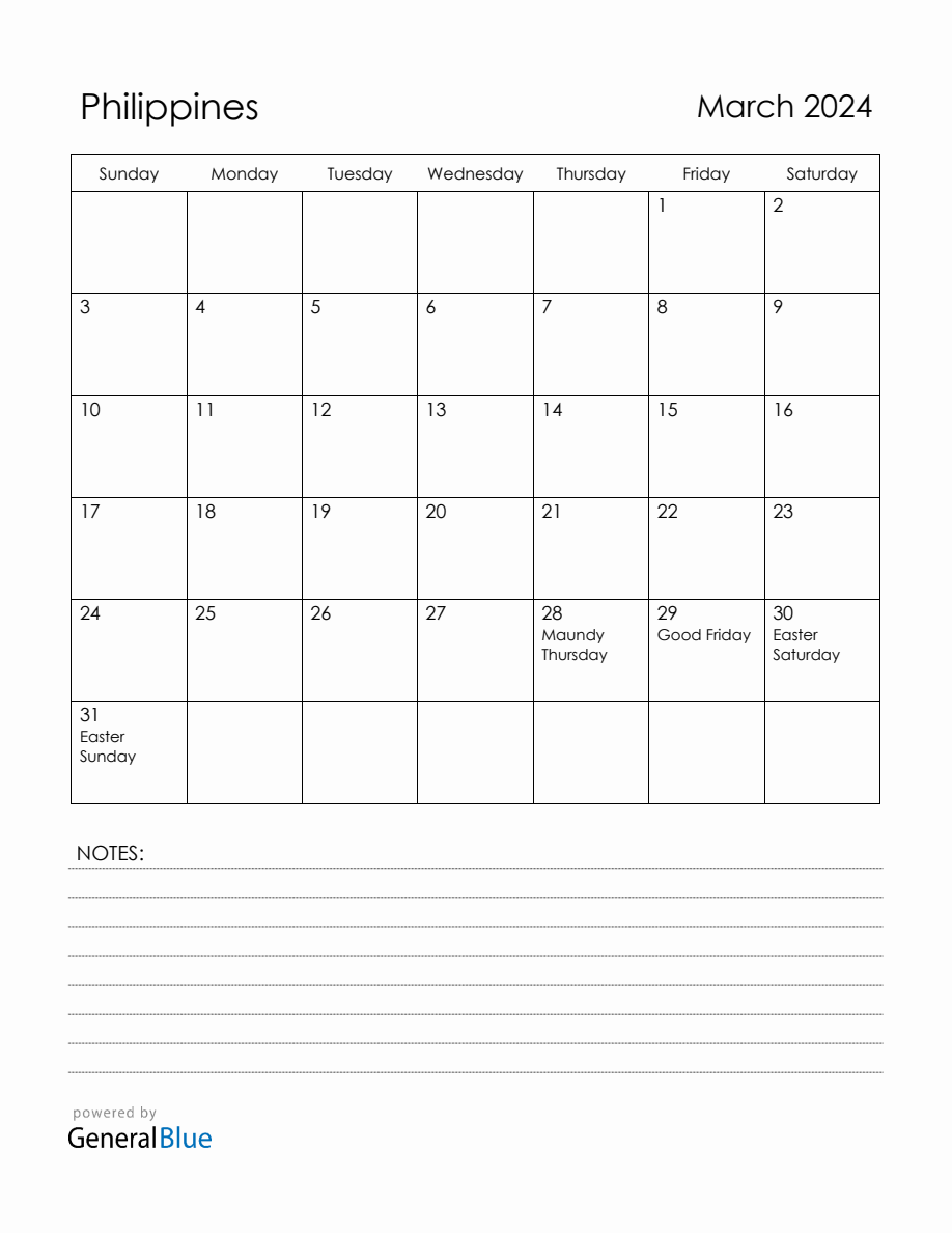 March 2024 Philippines Calendar with Holidays