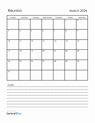 Current month calendar with Reunion holidays for March 2024