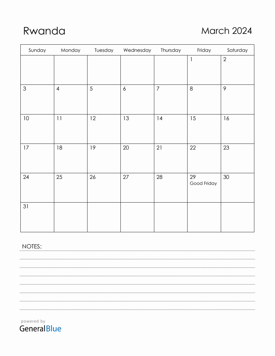 March 2024 Rwanda Calendar with Holidays