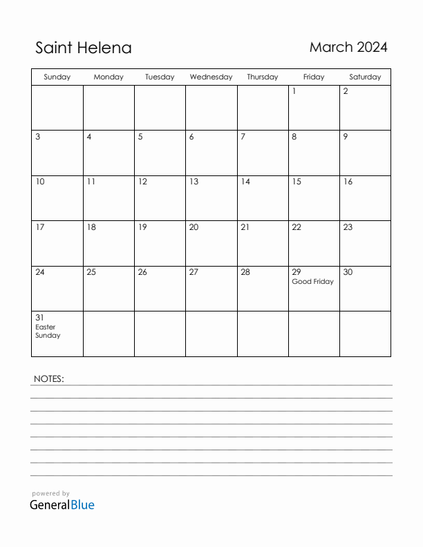 March 2024 Saint Helena Calendar with Holidays (Sunday Start)