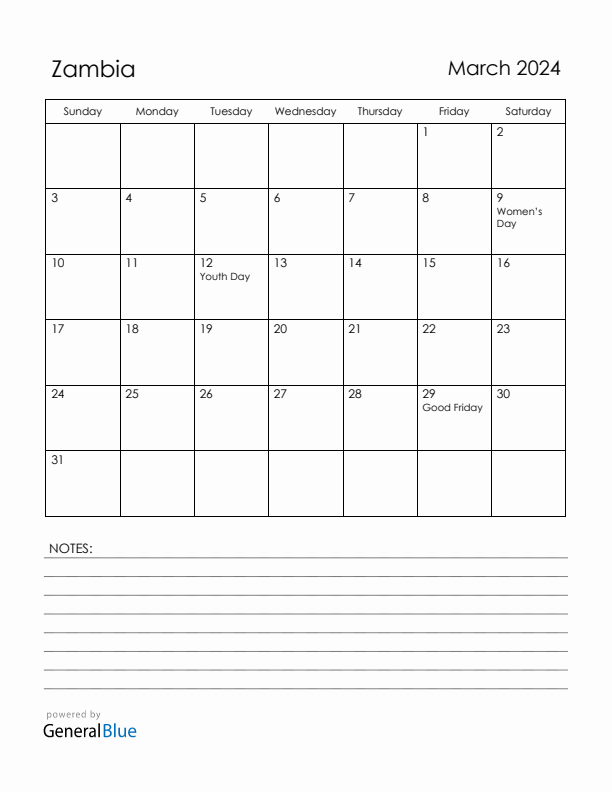 March 2024 Zambia Calendar with Holidays (Sunday Start)