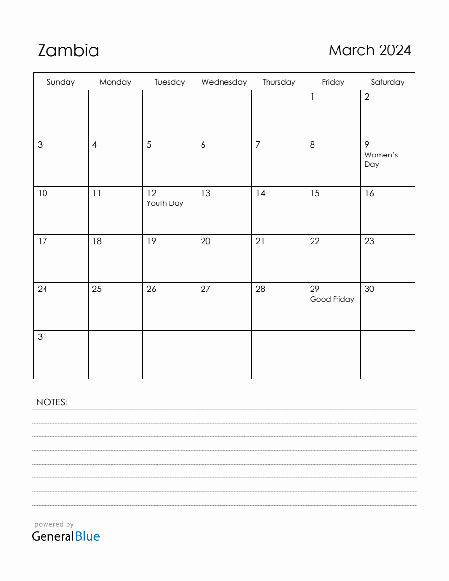 March 2024 Zambia Calendar with Holidays