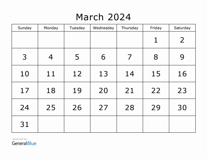 Printable March 2024 Calendar - Sunday Start