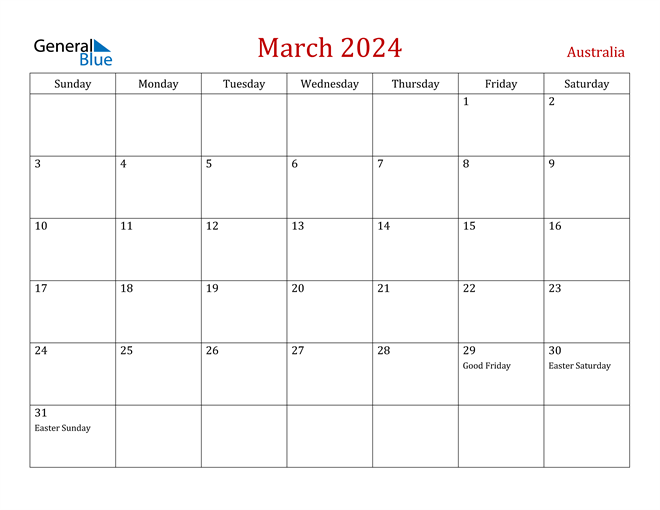 Australia March 2024 Calendar