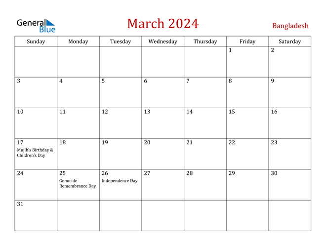 Bangladesh March 2024 Calendar
