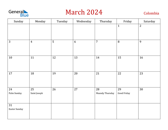 Colombia March 2024 Calendar