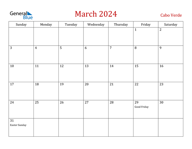 Cabo Verde March 2024 Calendar