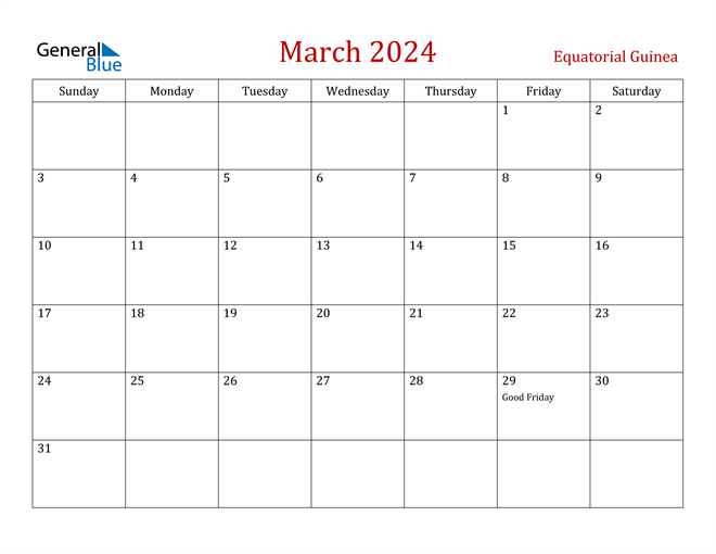 Equatorial Guinea March 2024 Calendar
