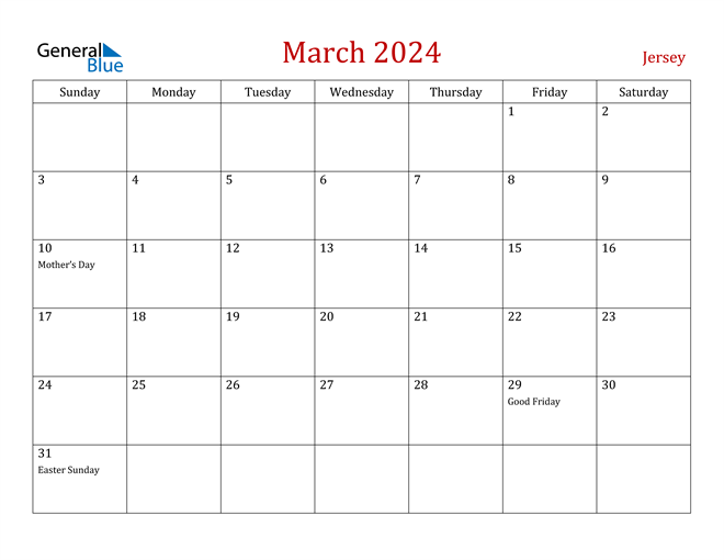 Jersey March 2024 Calendar