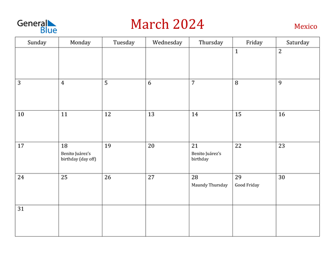 Mexico March 2024 Calendar