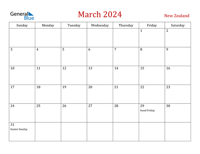 New Zealand March 2024 Calendar
