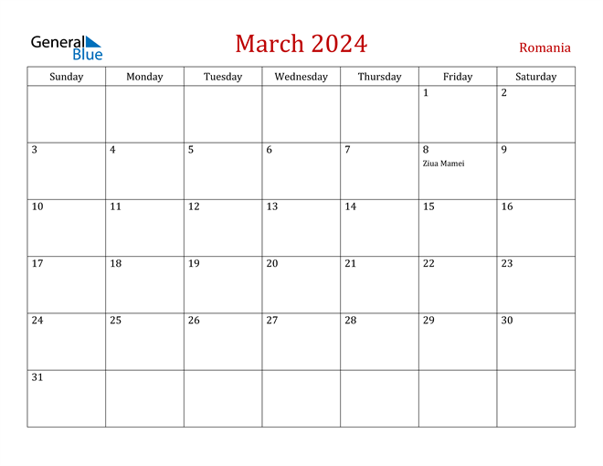 Romania March 2024 Calendar