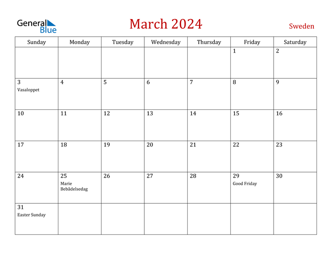Sweden March 2024 Calendar