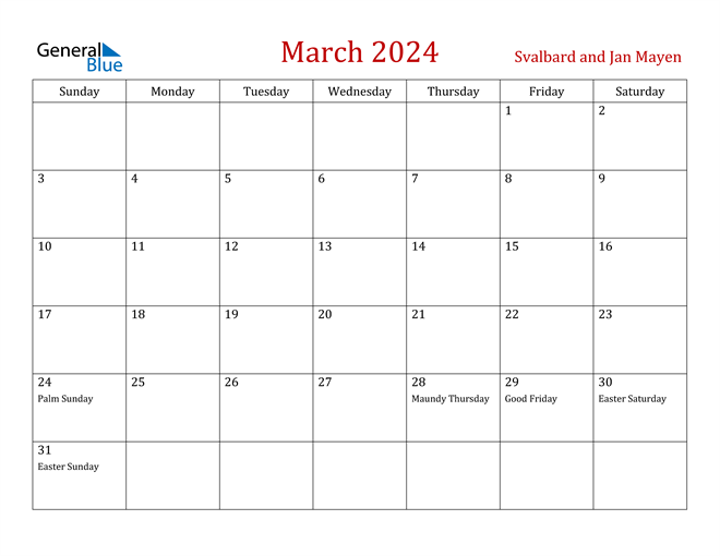 Svalbard and Jan Mayen March 2024 Calendar with Holidays