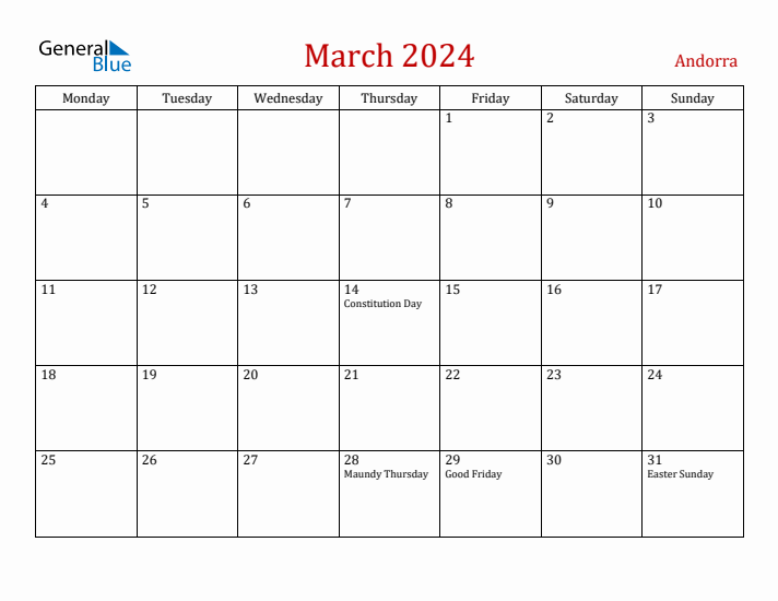 Andorra March 2024 Calendar - Monday Start