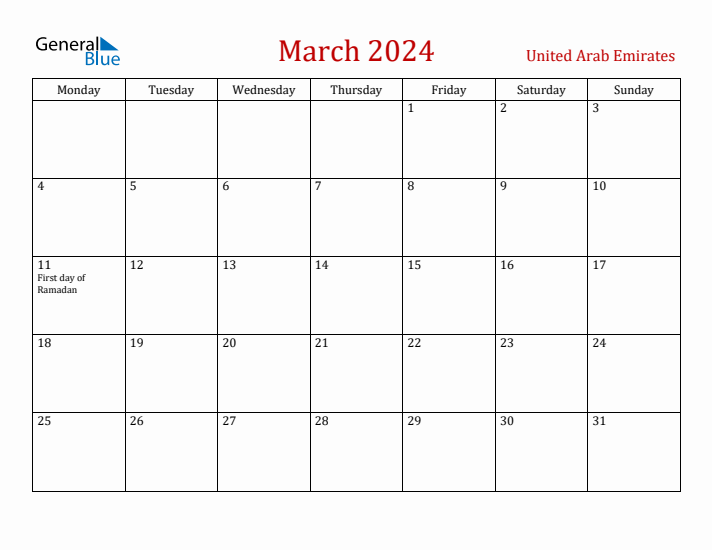 United Arab Emirates March 2024 Calendar - Monday Start