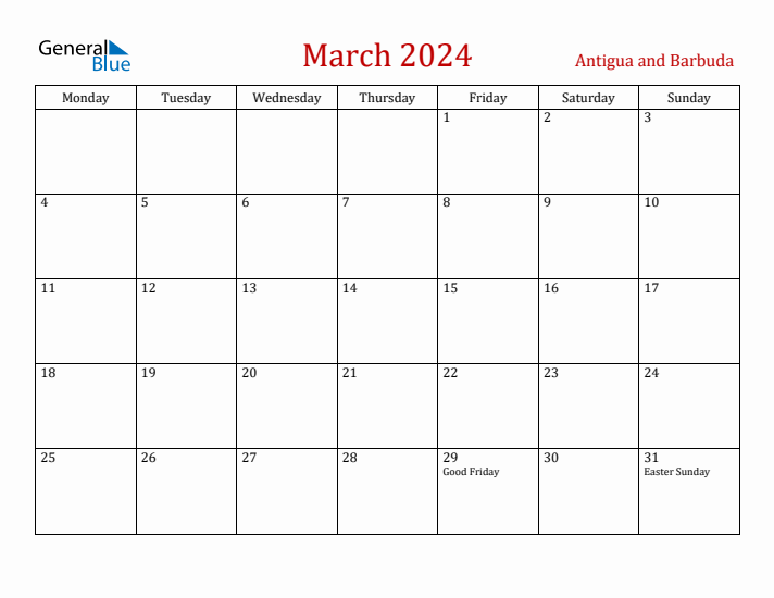 Antigua and Barbuda March 2024 Calendar - Monday Start