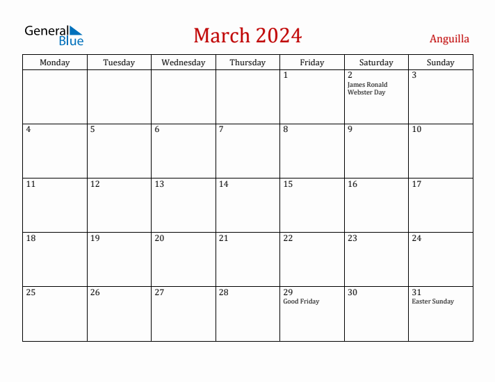 Anguilla March 2024 Calendar - Monday Start