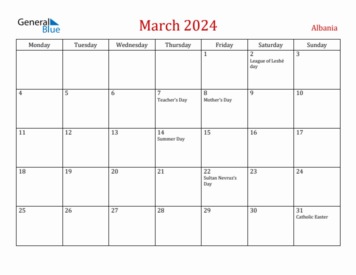 Albania March 2024 Calendar - Monday Start