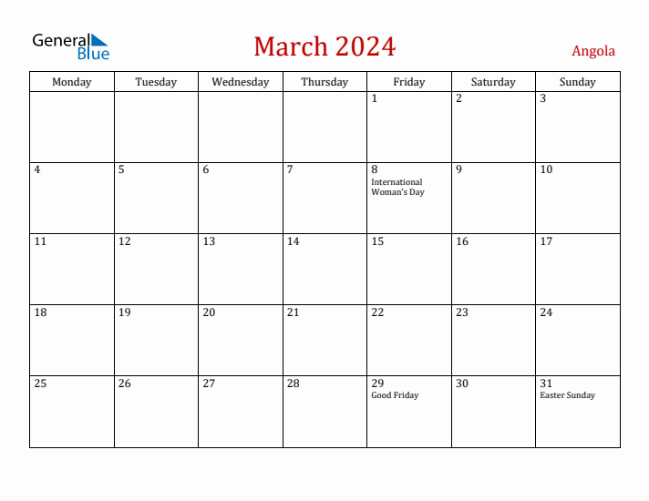 Angola March 2024 Calendar - Monday Start