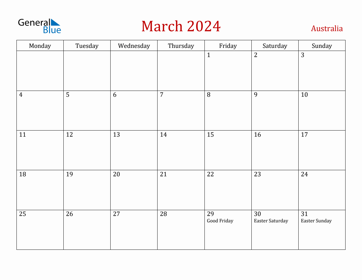 March 2024 Australia Monthly Calendar with Holidays