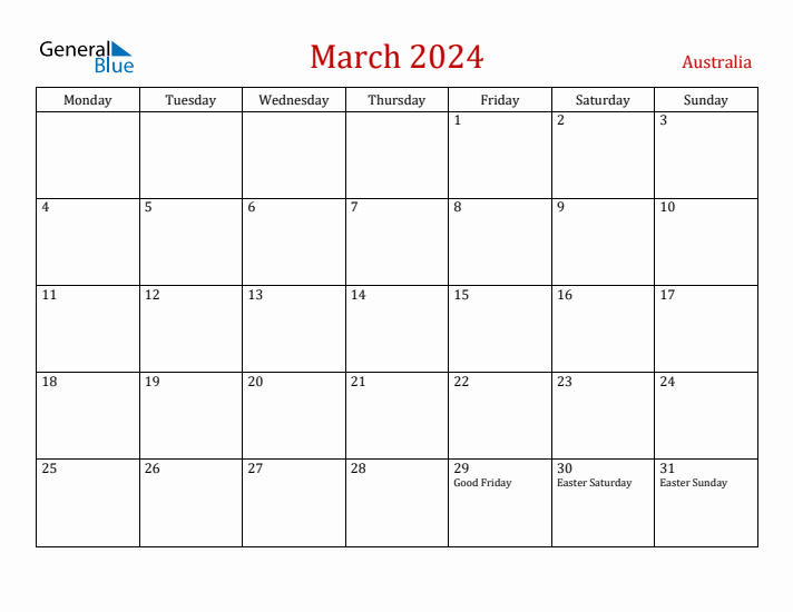 Australia March 2024 Calendar - Monday Start