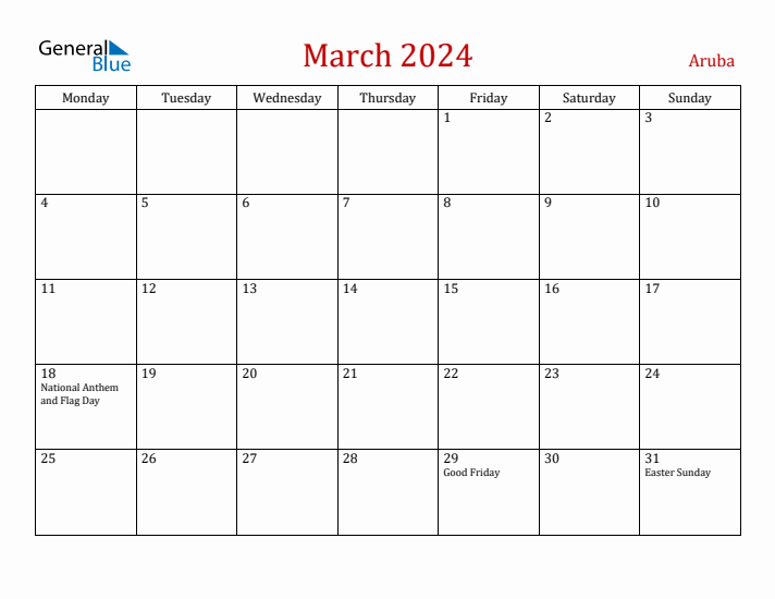 Aruba March 2024 Calendar - Monday Start