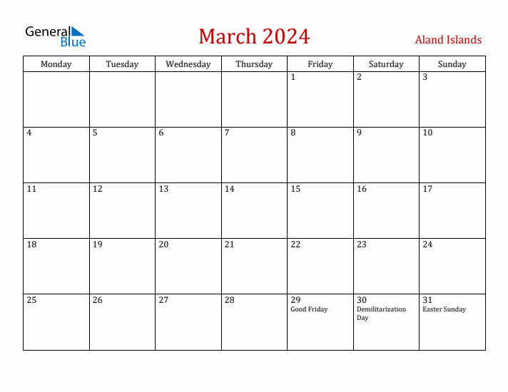 Aland Islands March 2024 Calendar - Monday Start