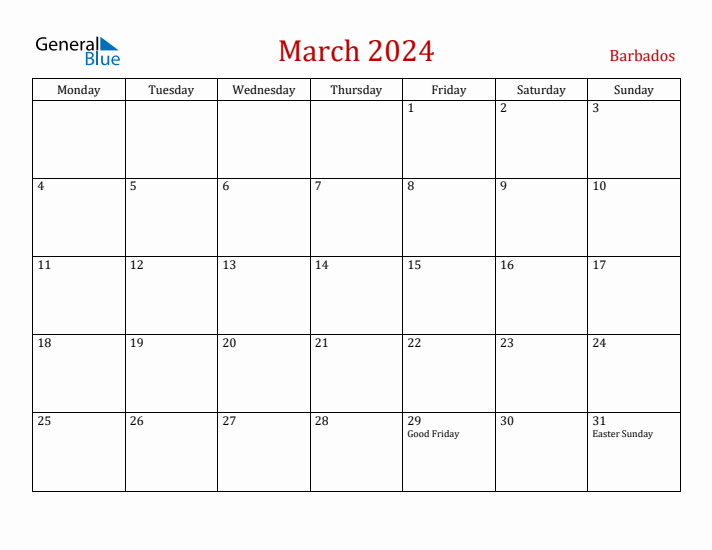 Barbados March 2024 Calendar - Monday Start