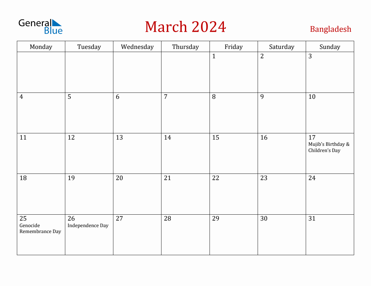March 2024 Bangladesh Monthly Calendar with Holidays