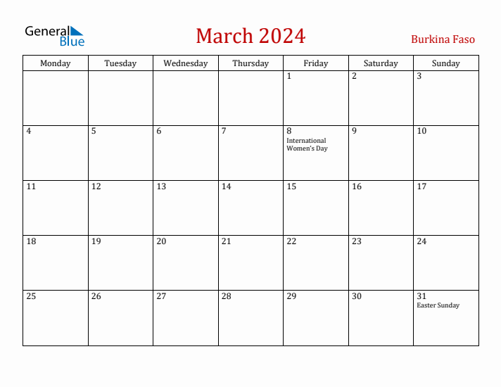 Burkina Faso March 2024 Calendar - Monday Start