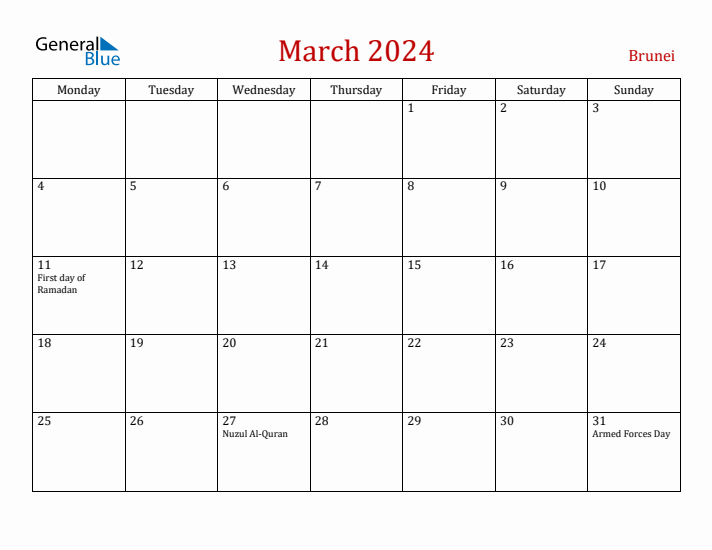Brunei March 2024 Calendar - Monday Start