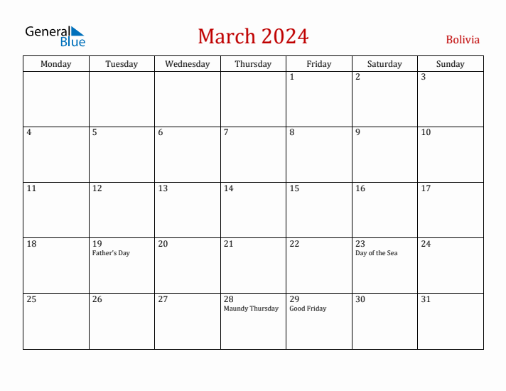 Bolivia March 2024 Calendar - Monday Start