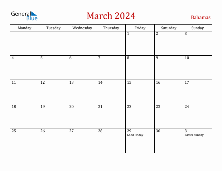 Bahamas March 2024 Calendar - Monday Start