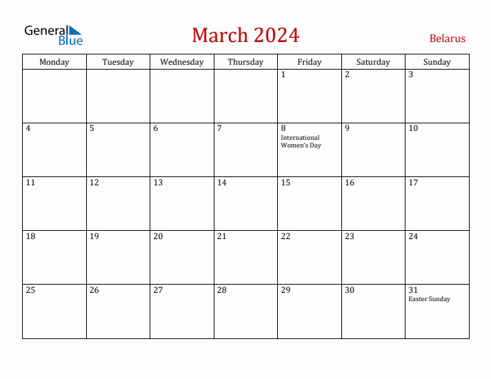 Belarus March 2024 Calendar - Monday Start