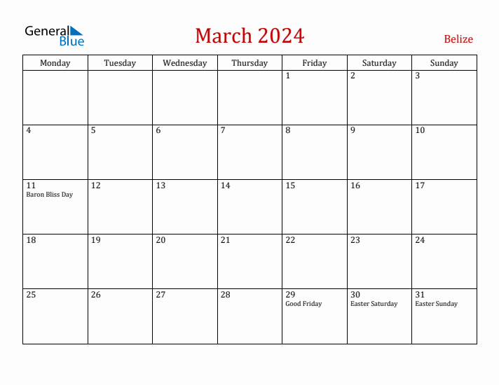 Belize March 2024 Calendar - Monday Start