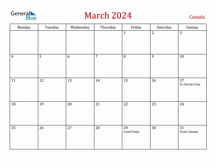 March 2024 Canada Monthly Calendar with Holidays