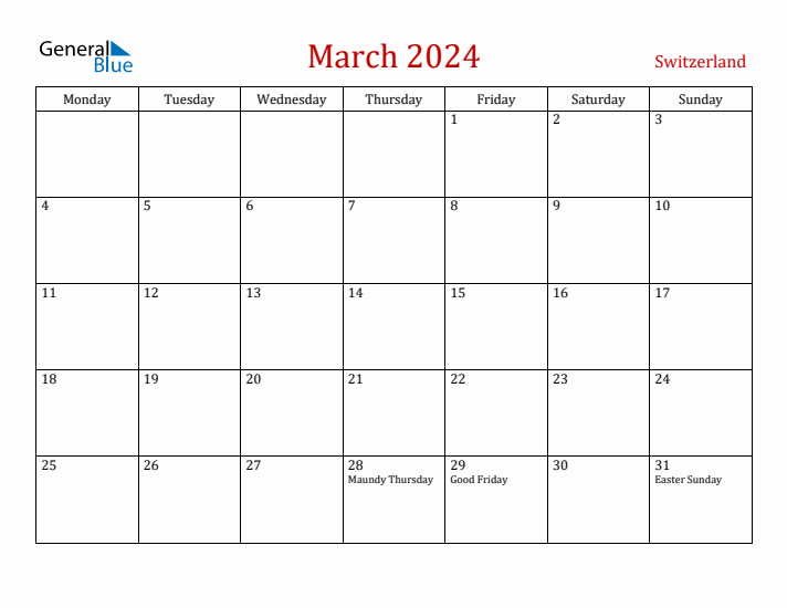 Switzerland March 2024 Calendar - Monday Start