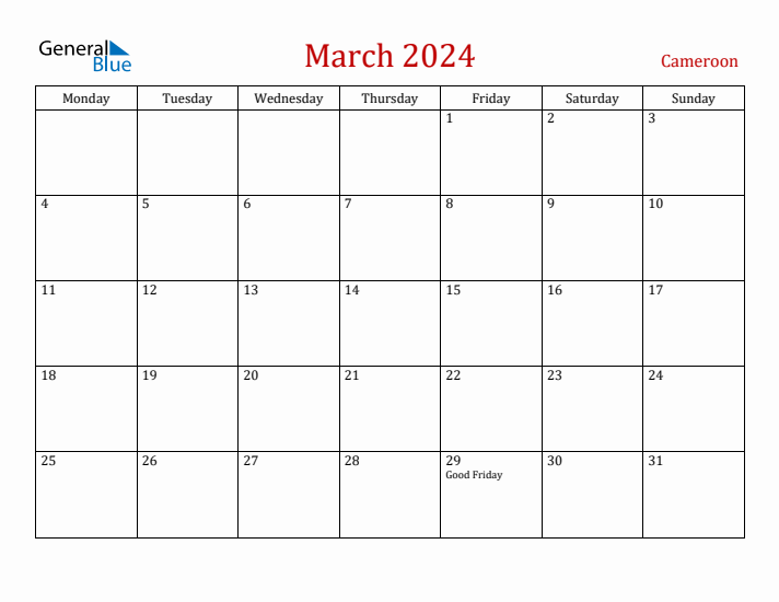 Cameroon March 2024 Calendar - Monday Start