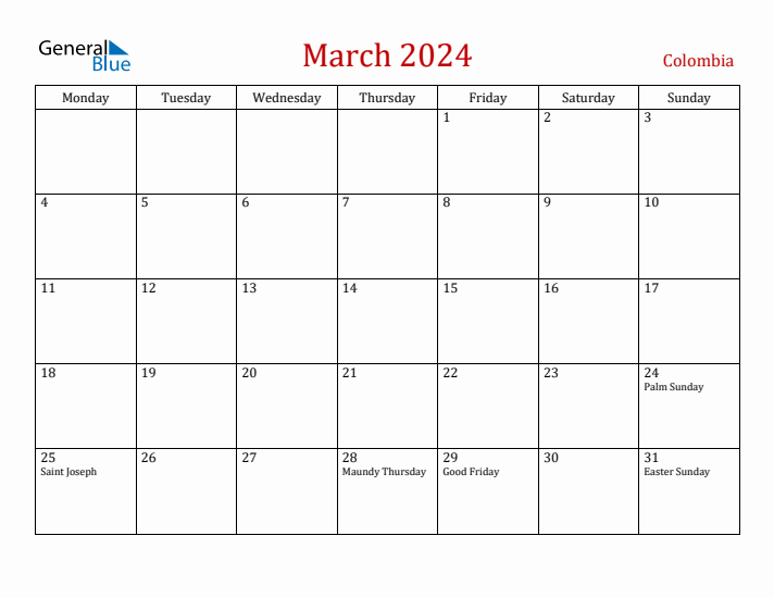 Colombia March 2024 Calendar - Monday Start