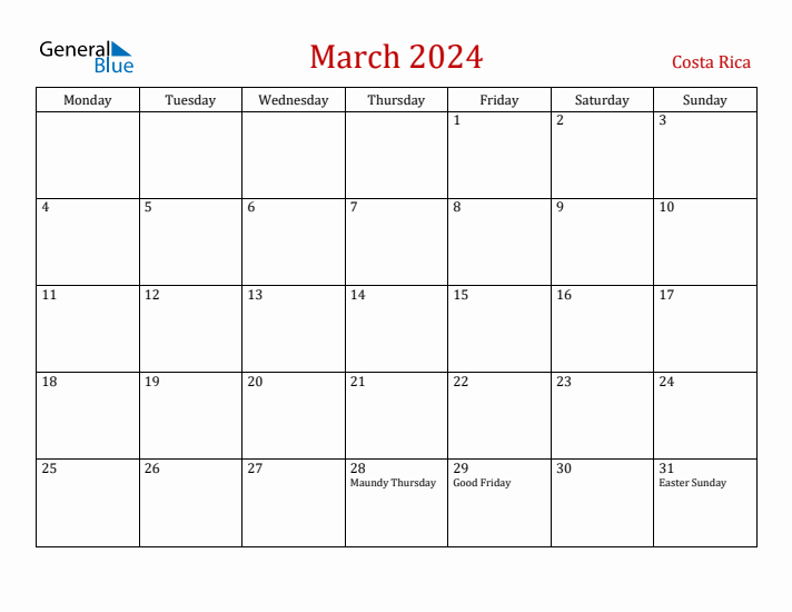 Costa Rica March 2024 Calendar - Monday Start