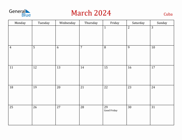 Cuba March 2024 Calendar - Monday Start