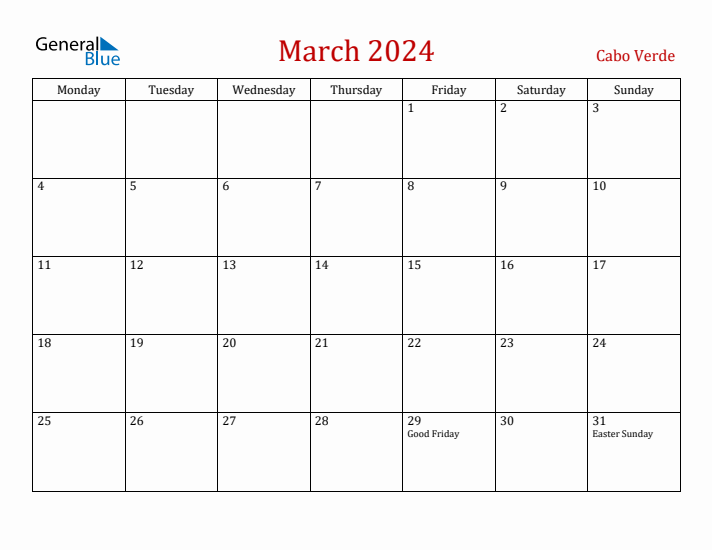 Cabo Verde March 2024 Calendar - Monday Start