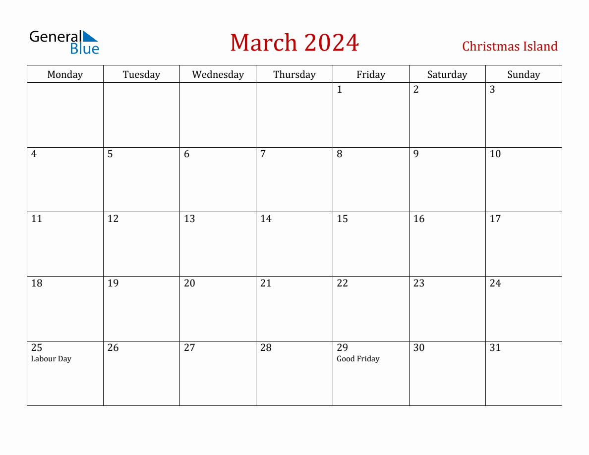 March 2024 Christmas Island Monthly Calendar with Holidays