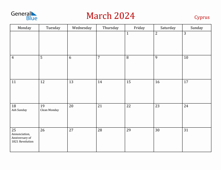 Cyprus March 2024 Calendar - Monday Start