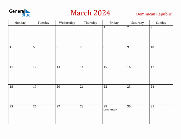Dominican Republic March 2024 Calendar - Monday Start