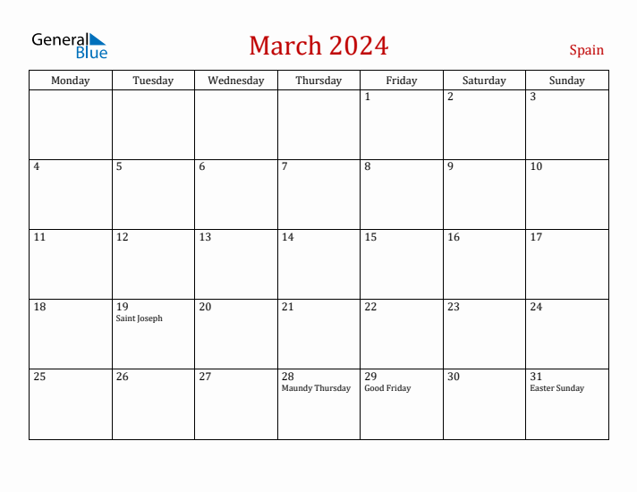 March 2024 Spain Monthly Calendar with Holidays